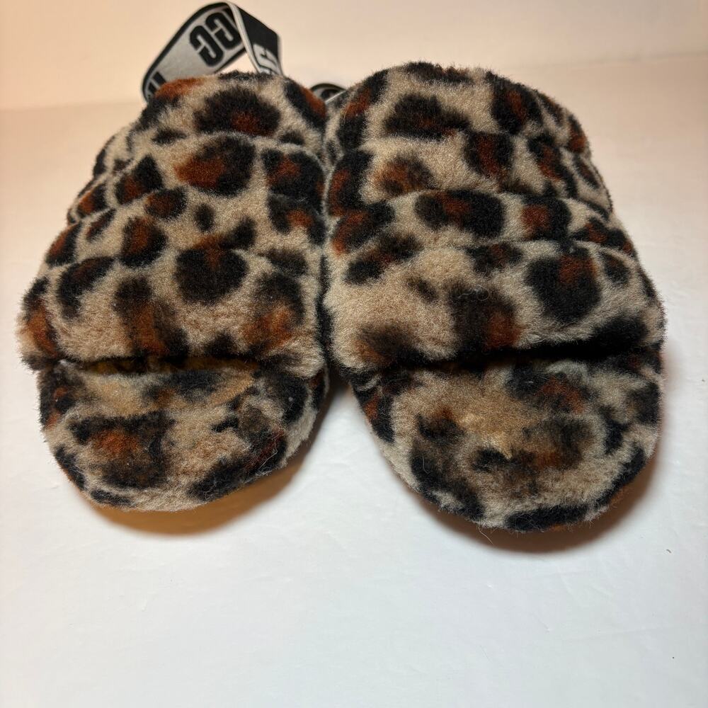 UGG Super Fluff Slippers Women 7 Leopard Print Slides Strap